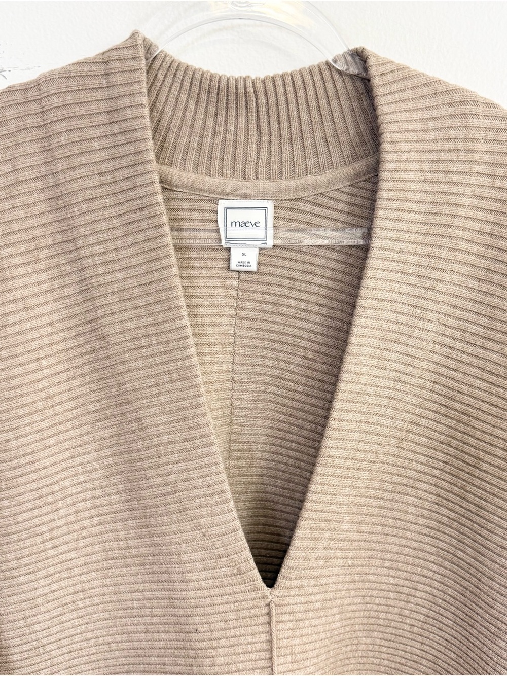 Maeve Anthropologie Plunge Neck Seamed Sweater XL Beige Oversized Ribbed - Picture 3 of 6